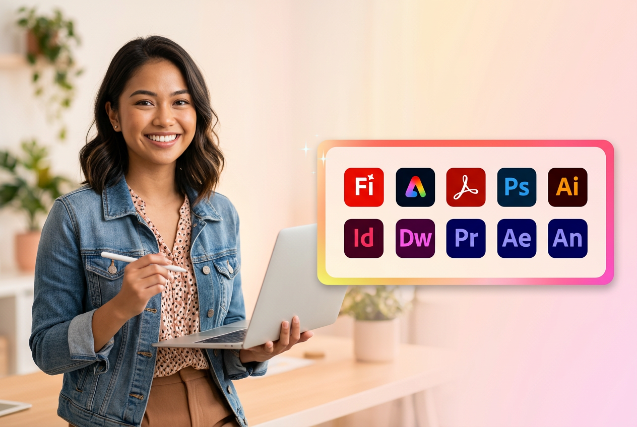 Filipino creative professional with Adobe Certified Professional app logos