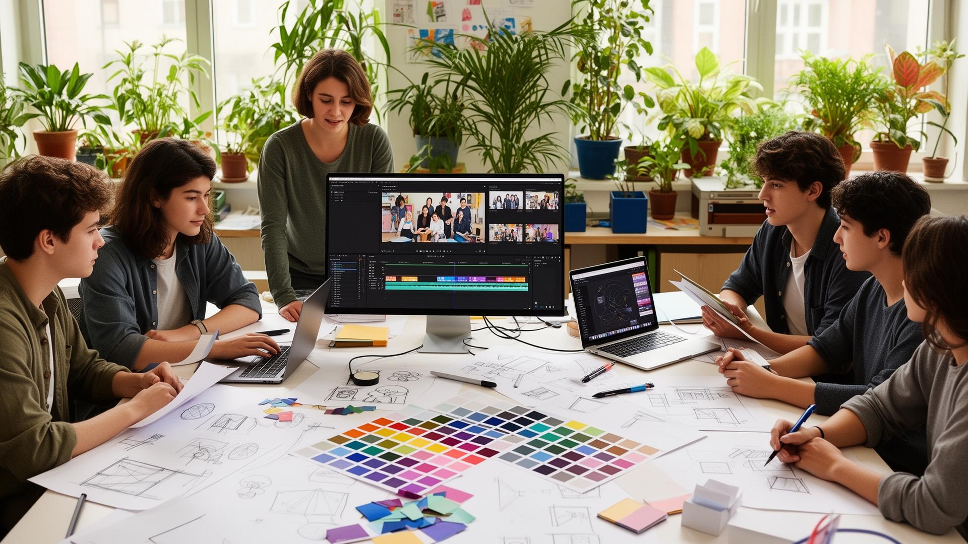Creative team collaborating on video and design